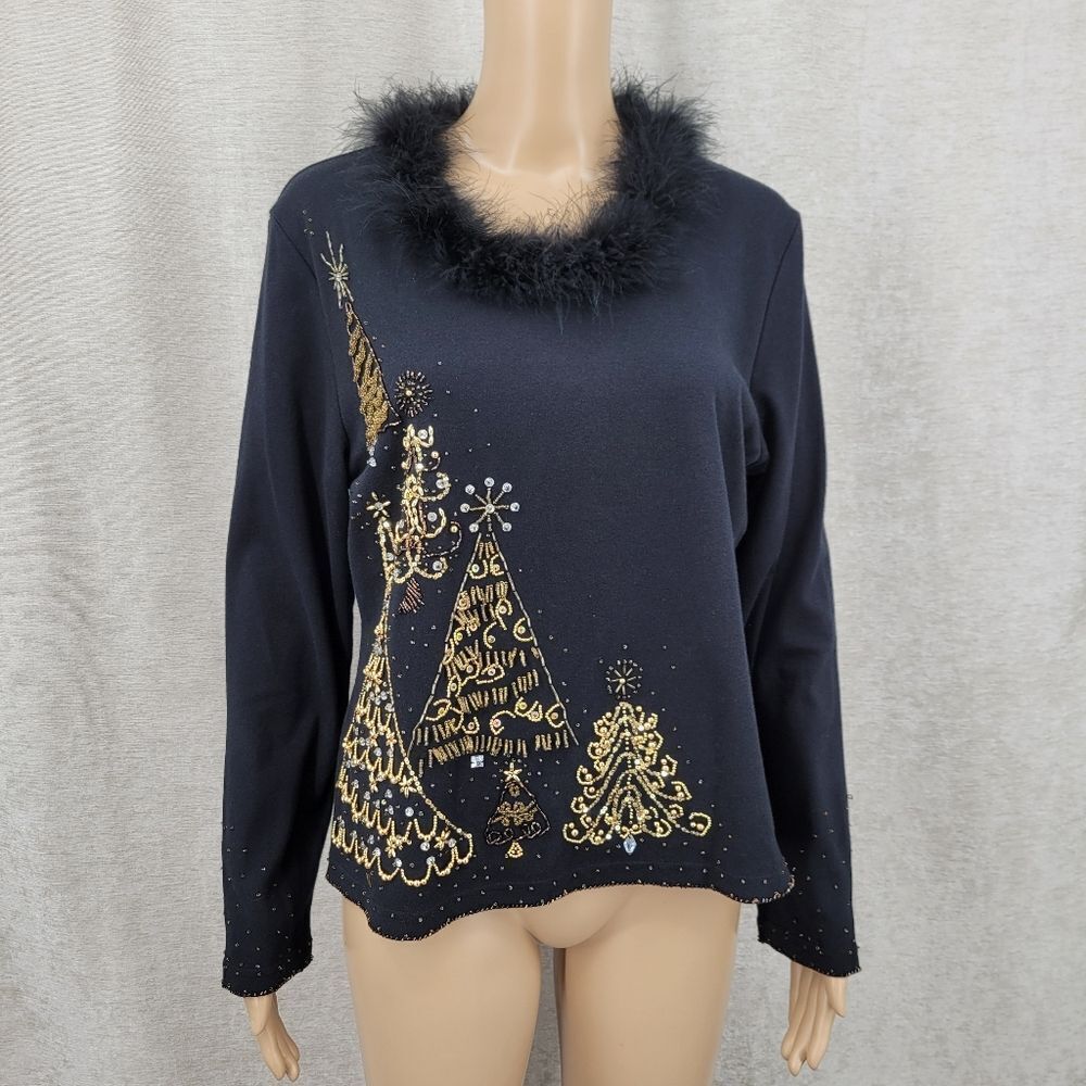 Jack B Quick Black Ugly Sweater Gold Beaded Christmas Trees Feather Collar Y2K